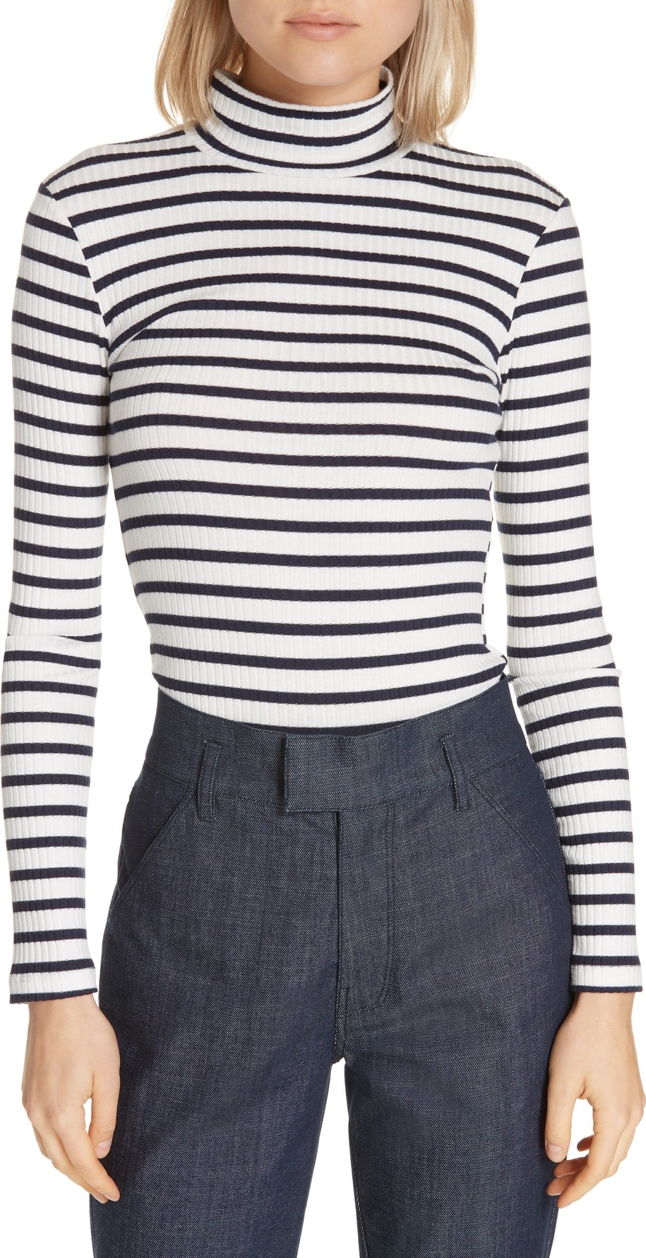 FRAME DENIM '70s Ribbed Stripe Turtleneck Tee