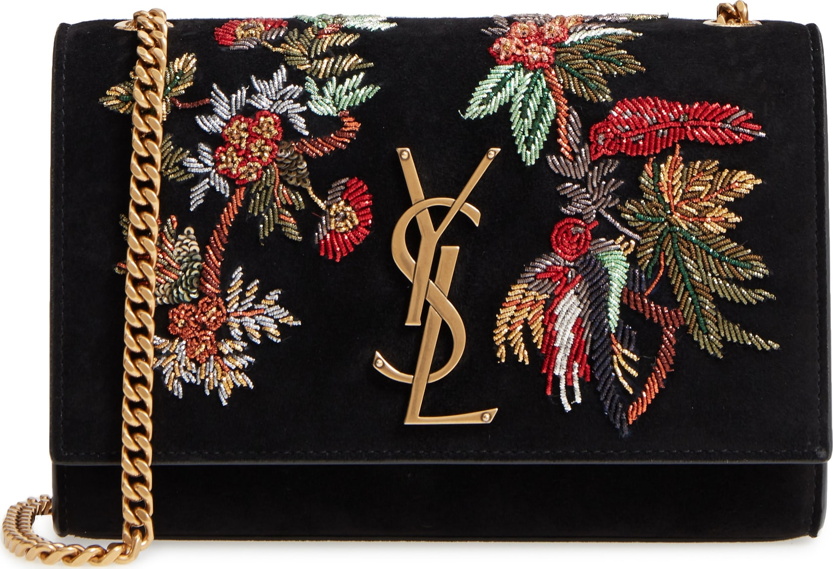 Saint Laurent Small Kate Embroidered Suede Crossbody Bag