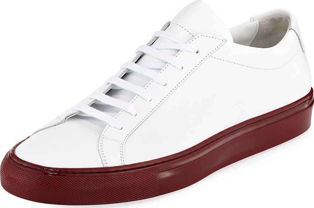 Common Projects Men's Achilles Leather Low-Top Sneakers with Shiny Sole, White/Red
