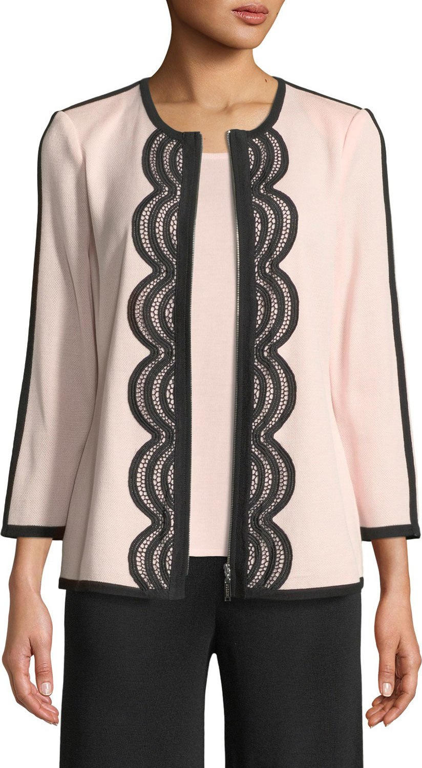 Misook Contrast Lace-Trim Zip-Front Jacket