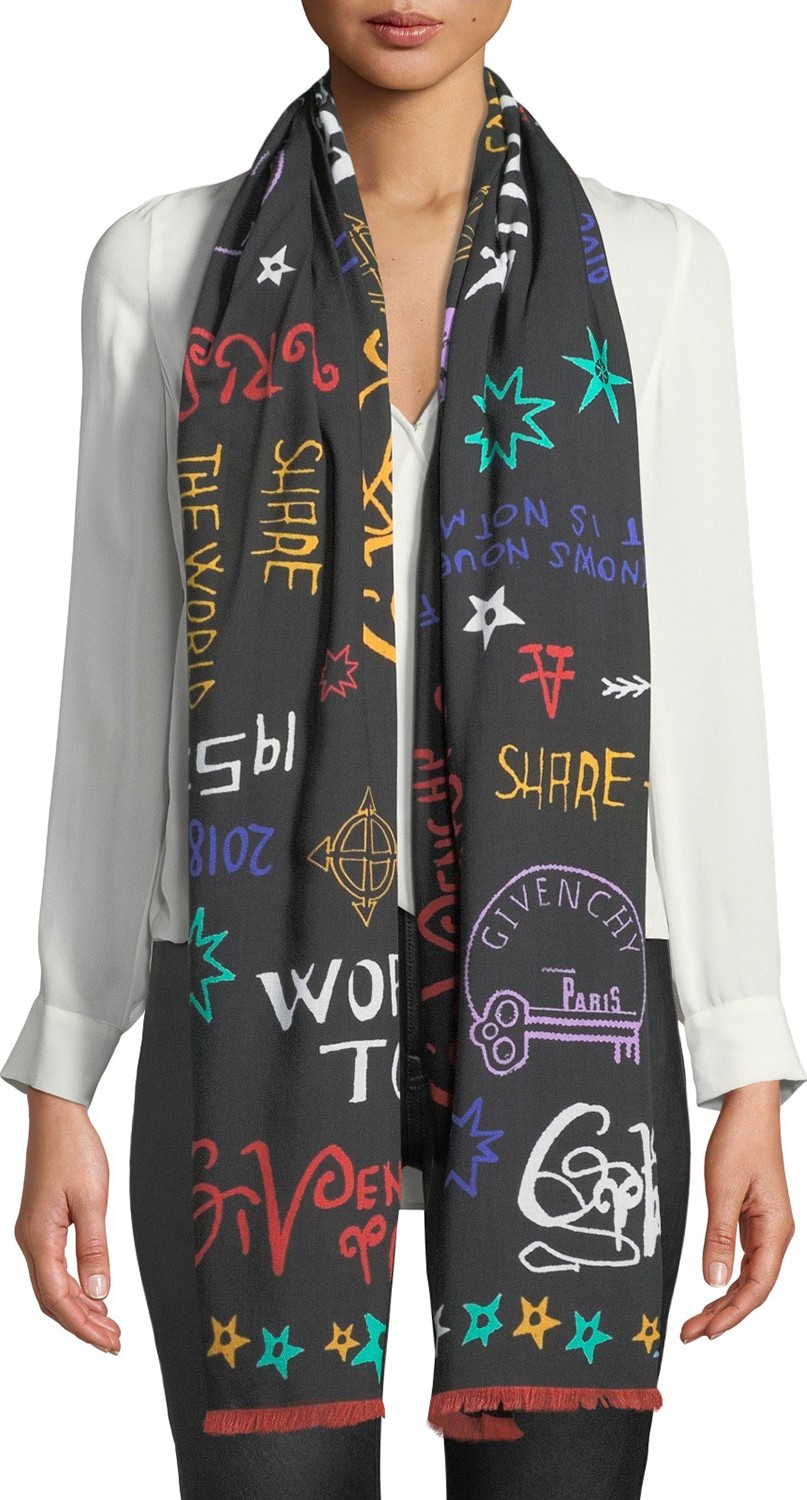 Givenchy Tour Date Wool/Silk Fringe Scarf