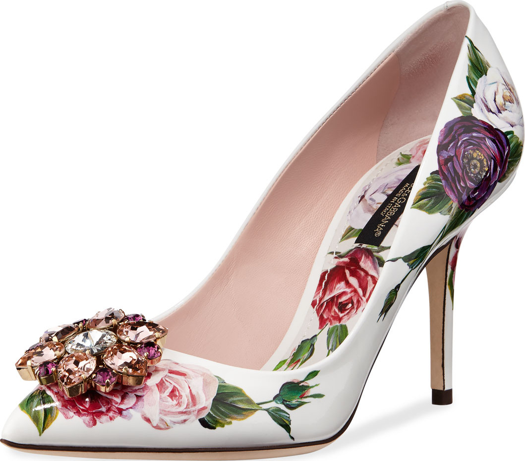 Dolce & Gabbana Jeweled Floral-Print Patent Pumps