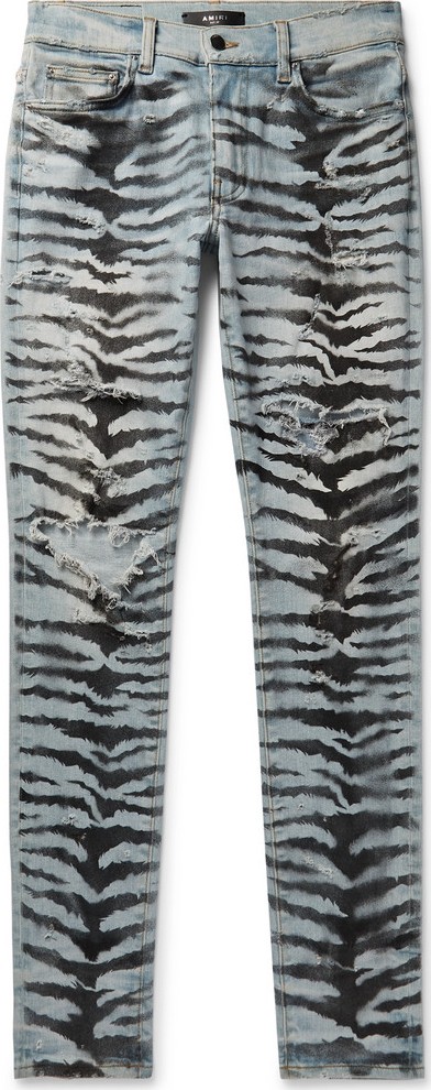 Amiri Skinny-Fit Distressed Printed Stretch-Denim Jeans