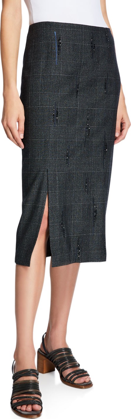 Brunello Cucinelli Glen Plaid Crystal-Embellished Pencil Skirt