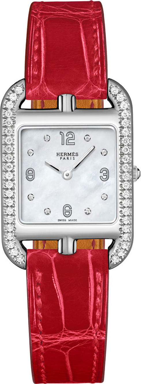 HERMÈS Cape Cod PM Watch with Diamonds & Alligator Leather Strap, Red