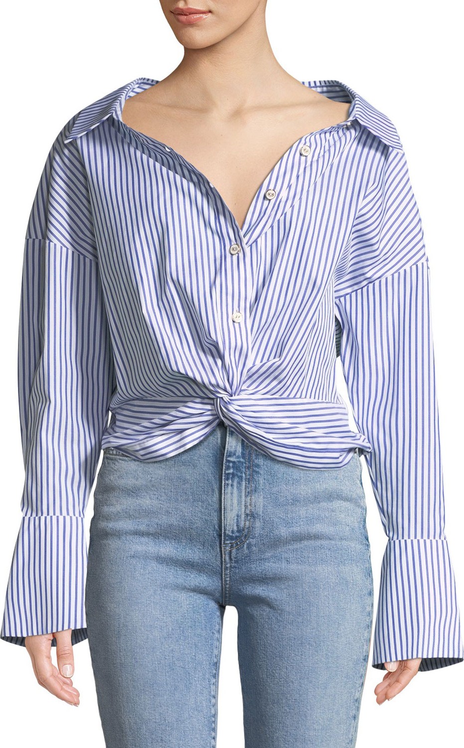 Caroline Constas Kos Open-Neck Button-Down Tie-Front Striped Top