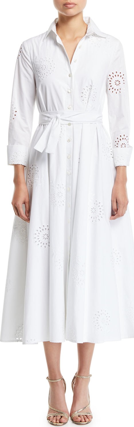 Carolina Herrera 3/4-Sleeve Eyelet Embroidered Midi Shirtdress