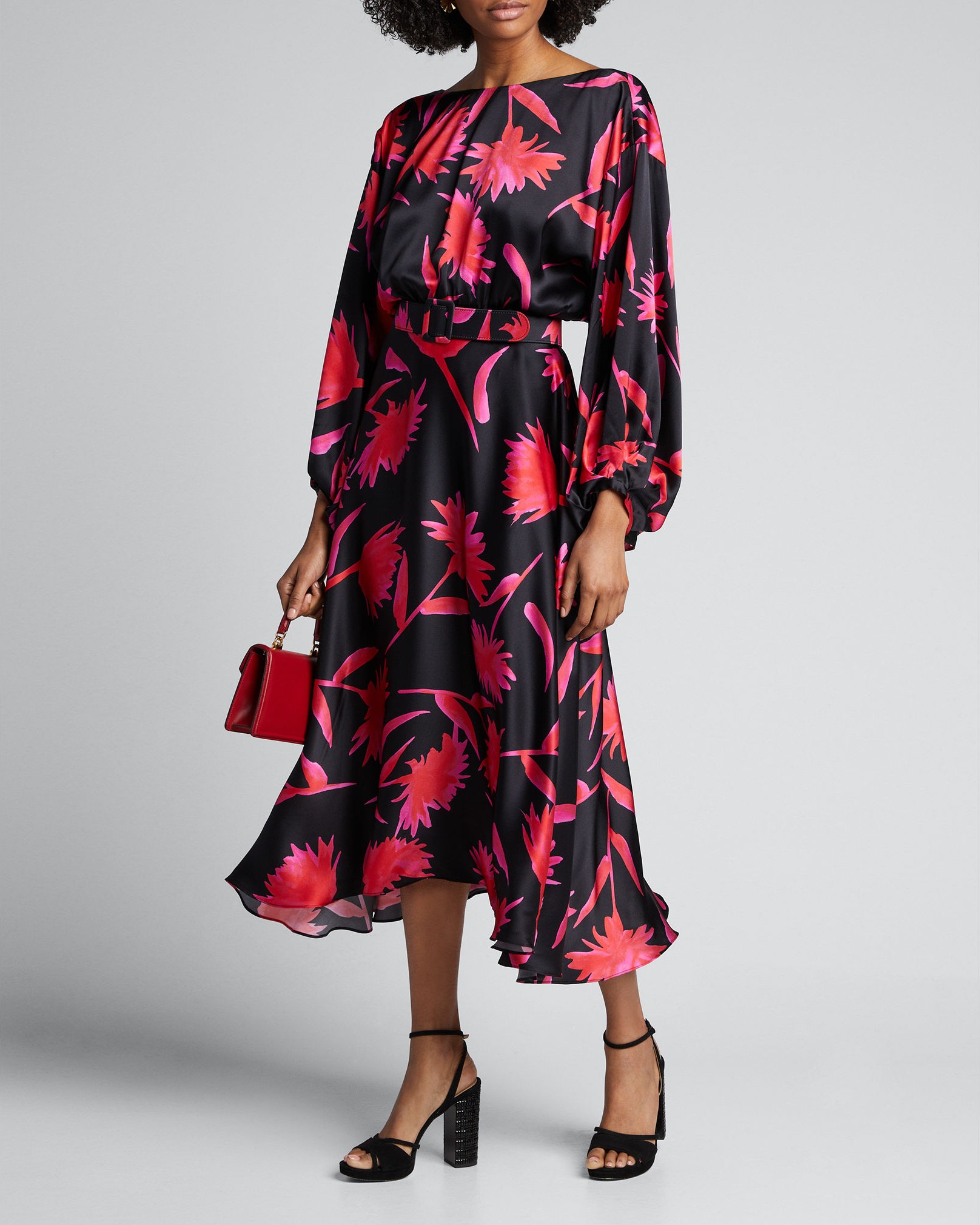 Saloni Kim Printed Blouson-Sleeve Midi Dress