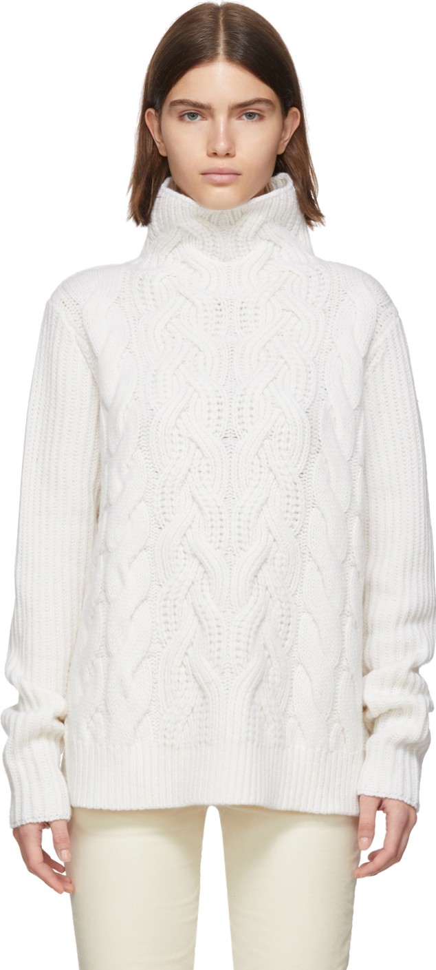Helmut Lang White Wool Cable Turtleneck
