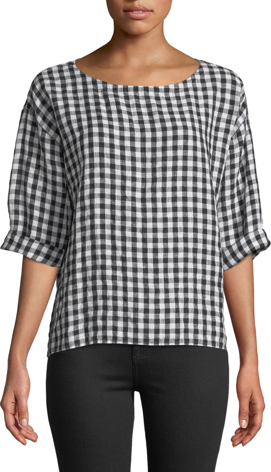 Eileen Fisher Organic Linen Gingham 3/4-Sleeve Top