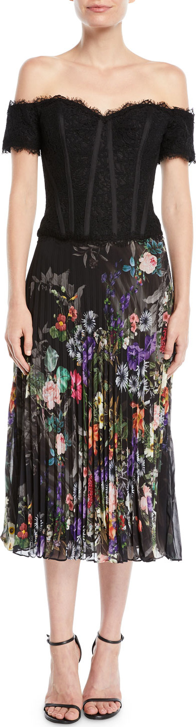 Rickie Freeman for Teri Jon Off-the-Shoulder Dress w/ Pleated Skirt