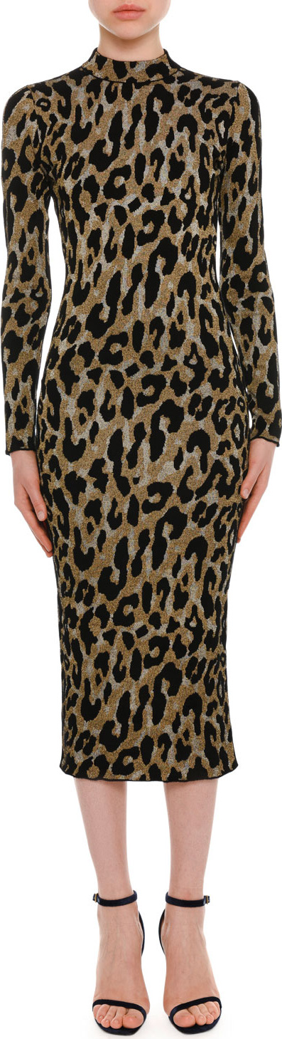 Versace Mock-Neck Long-Sleeve Metallic Leopard-Intarsia Mid-Calf Dress