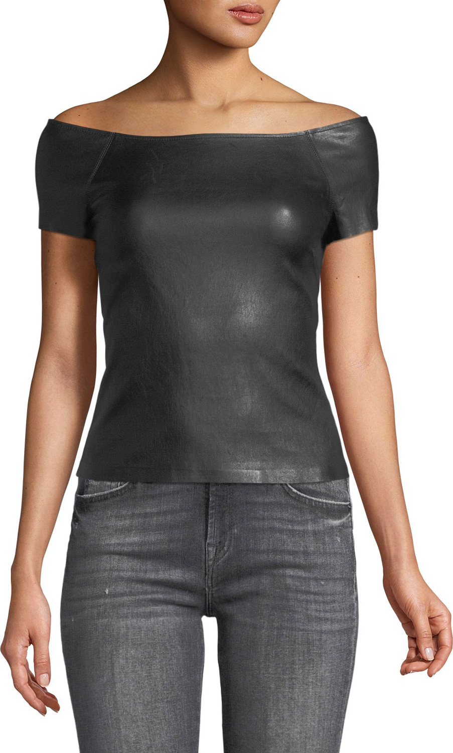 Theory Off-the-Shoulder Fitted Bristol Leather Ballet Top