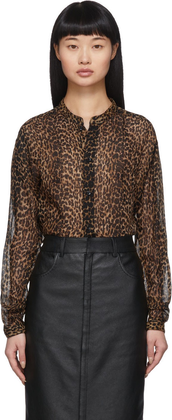 Saint Laurent Brown Leopard Sheer Oversized Shirt