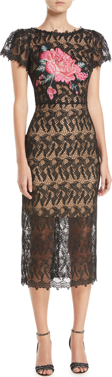 Jovani Floral-Insert Lace Dress w/ Short Sleeves