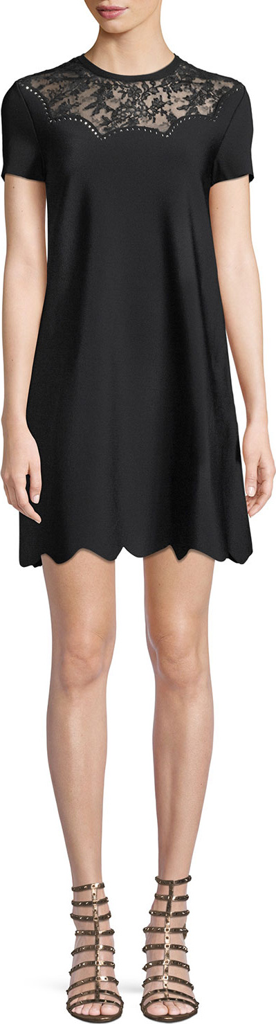 Valentino Short-Sleeve Crewneck A-Line Knit Cocktail Dress w/ Lace Inset