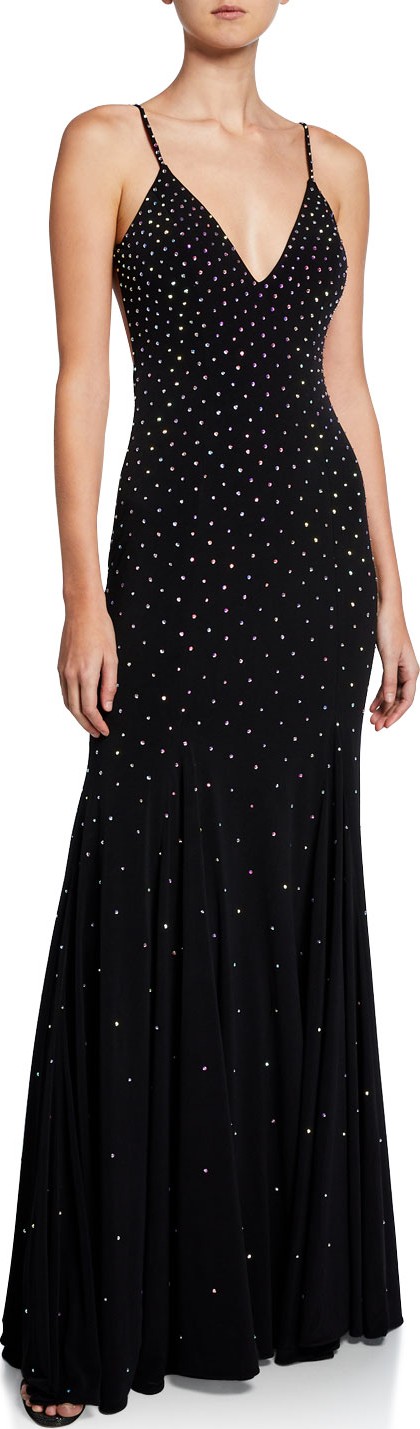 Jovani Stone Embellished V-Neck Open-Back Sleeveless Gown