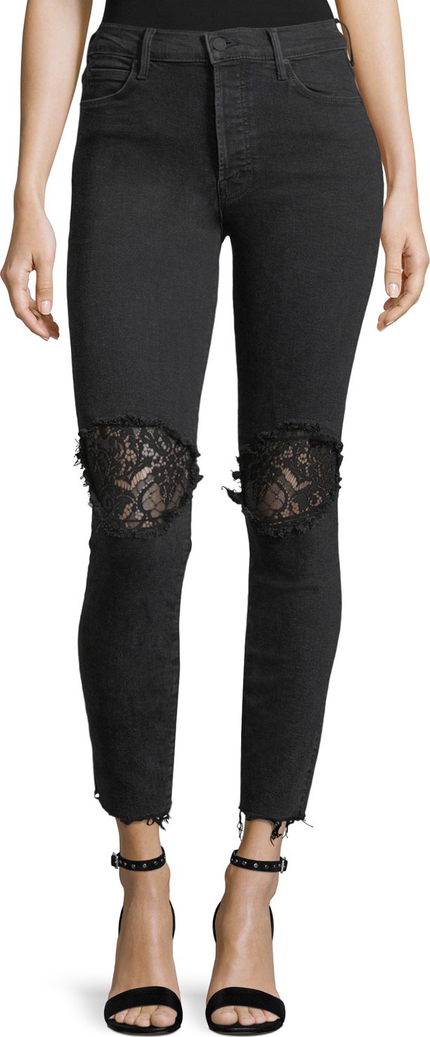 MOTHER Super Stunner Ankle Fray Skinny Jeans w/ Lace Rip Knees