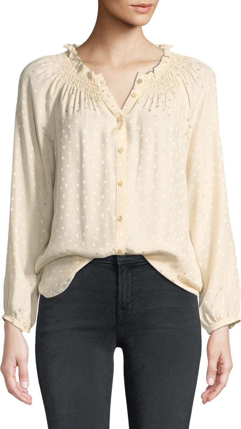 Rebecca Taylor Long-Sleeve Jacquard Silk Button-Front Top