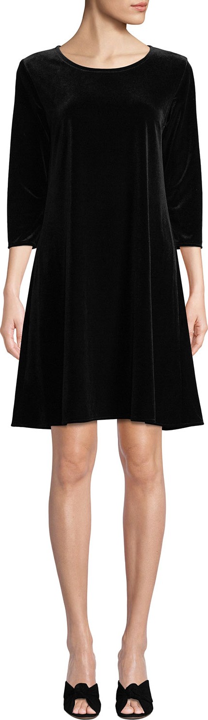 Caroline Rose Round-Neck 3/4-Sleeve A-Line Stretch-Velvet Dress