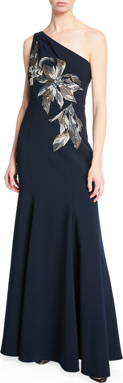 Marchesa Notte One-Shoulder Mermaid Gown w/ Beaded Embroidered Appliques