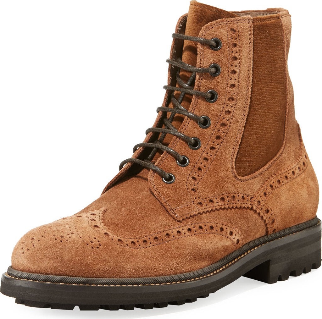 Brunello Cucinelli Men's Brogue-Trim Suede Boots