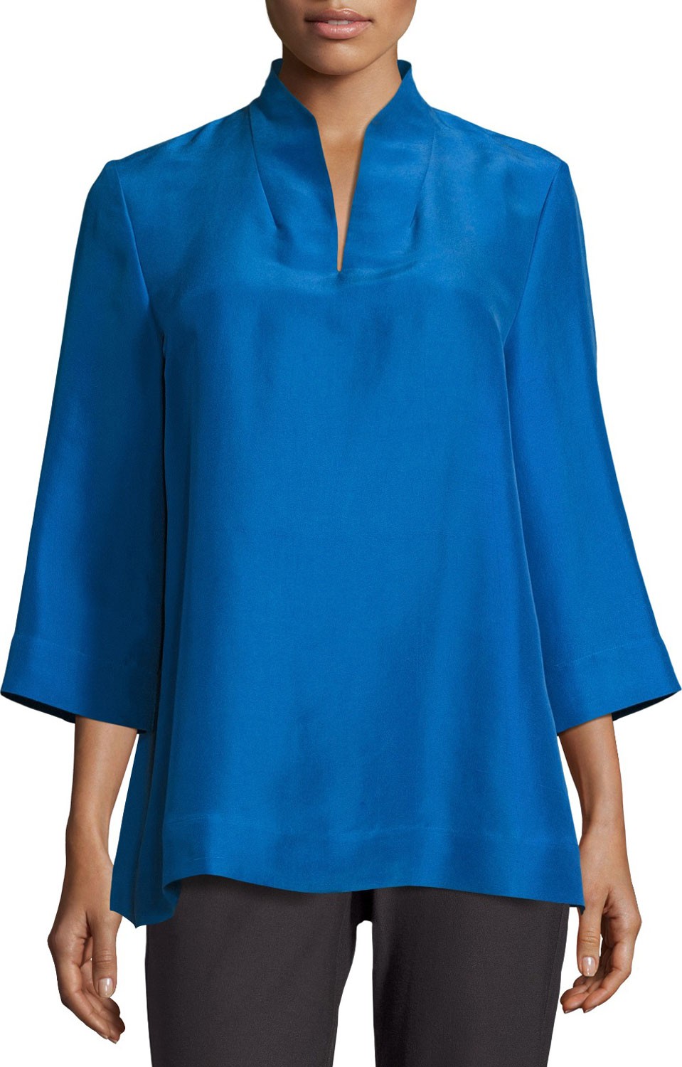 Eileen Fisher 3/4-Sleeve High-Collar Doupioni Silk Blouse