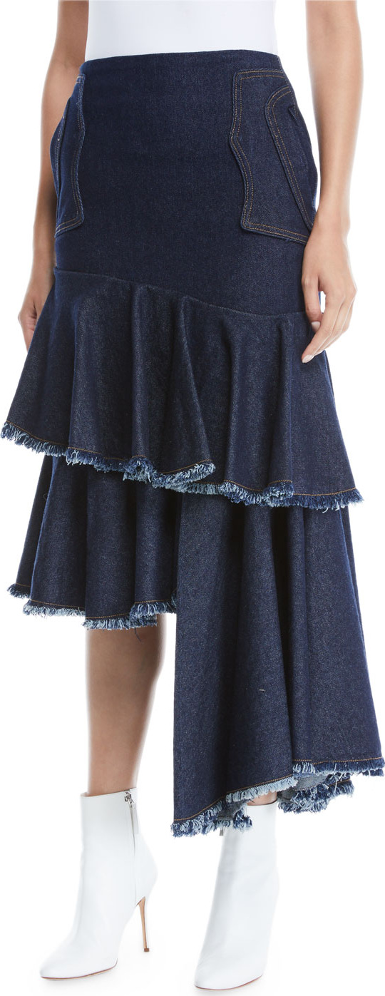 Johanna Ortiz Urban Legend High-Waist Asymmetric Denim Skirt w/ Cutoff Tiers