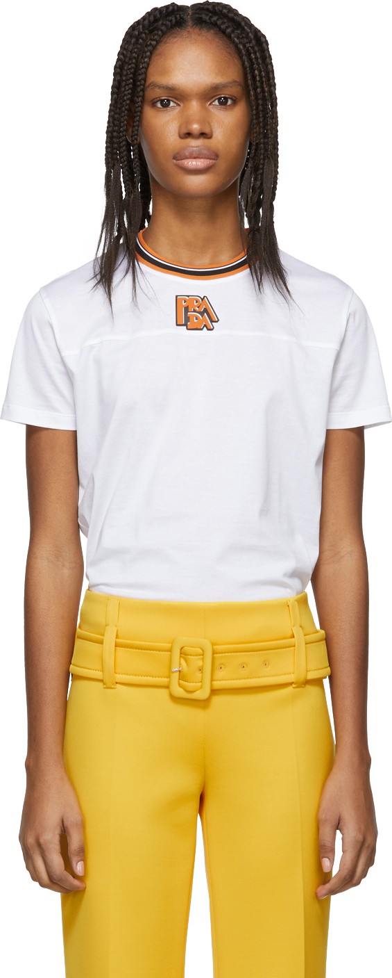 Prada White & Orange Ribbed Collar T-Shirt