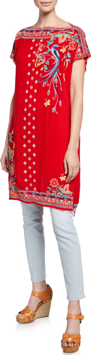 Johnny Was Dahlia Embroidered Short-Sleeve Long Tunic