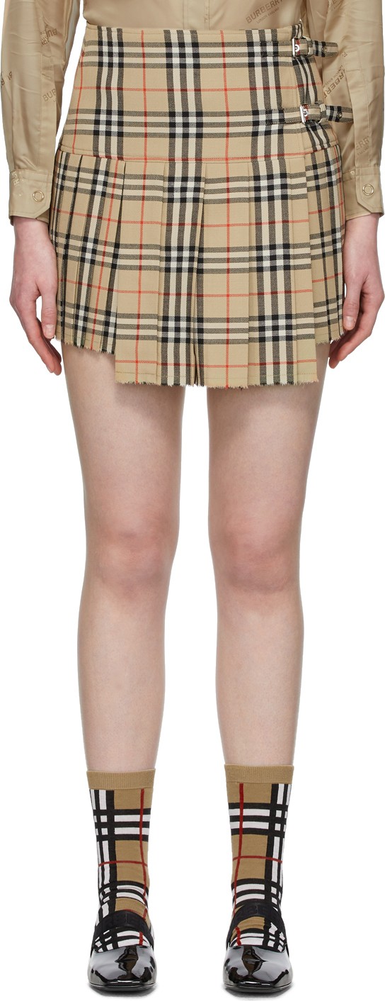 Burberry London England Beige Wool Vintage Check Kilt