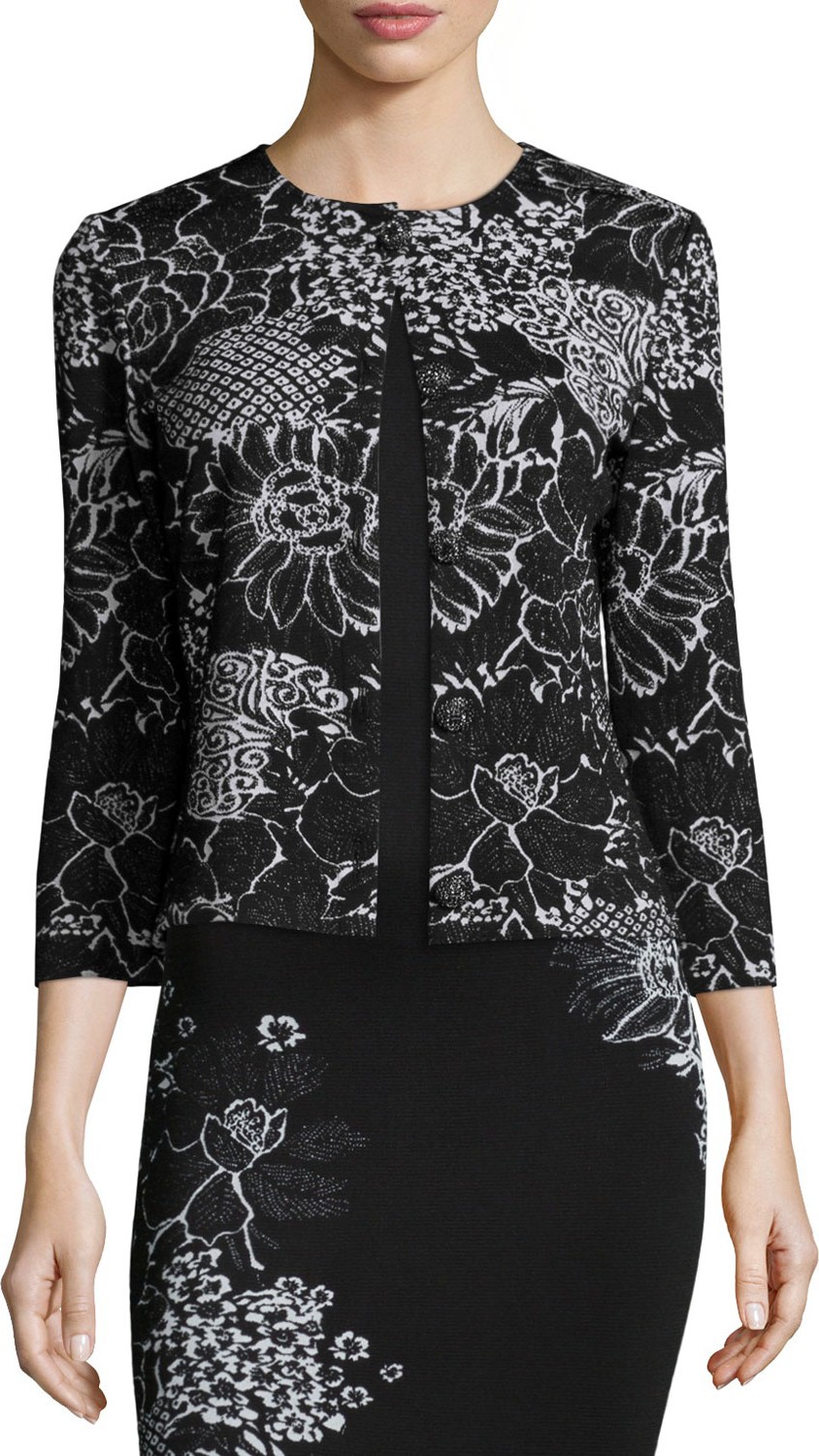 St. John Wildflower Jacquard 3/4-Sleeve Cardigan, Caviar/Bianco