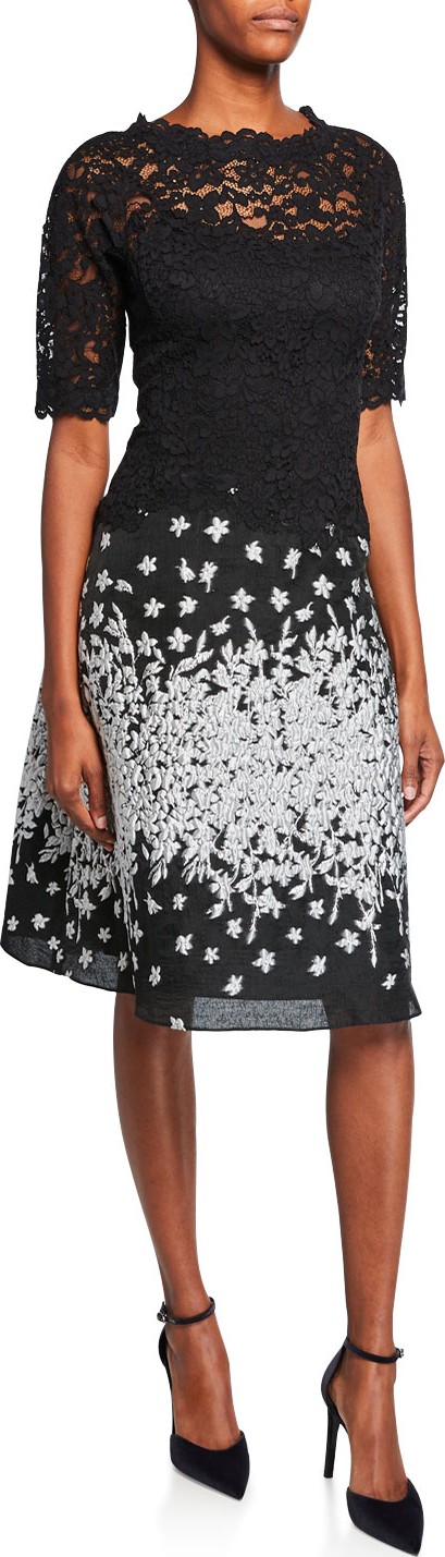 Rickie Freeman for Teri Jon Elbow-Sleeve Cocktail Dress with Lace Top & Metallic Skirt