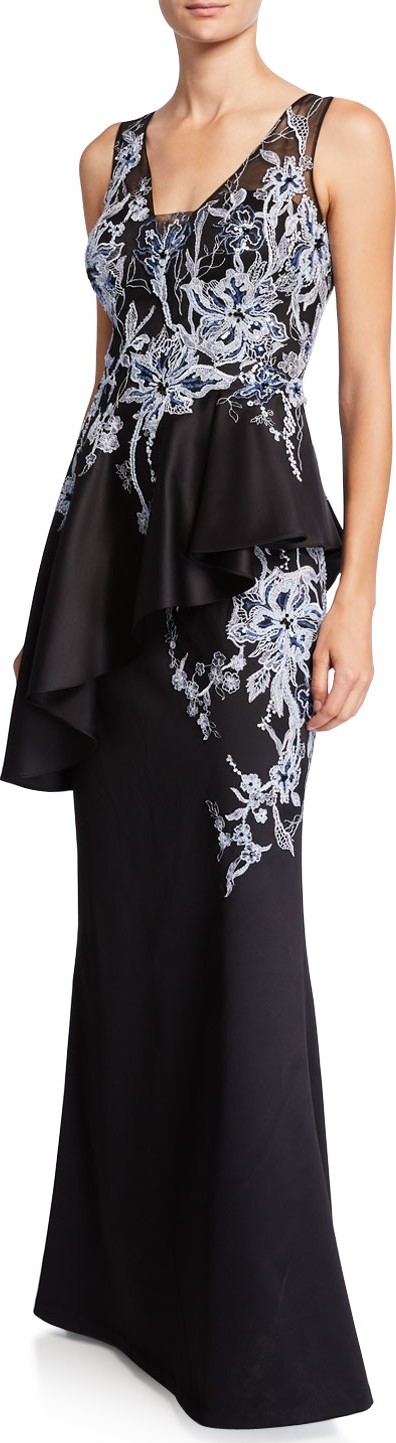 Rickie Freeman for Teri Jon Embroidered Floor-Length Peplum Gown