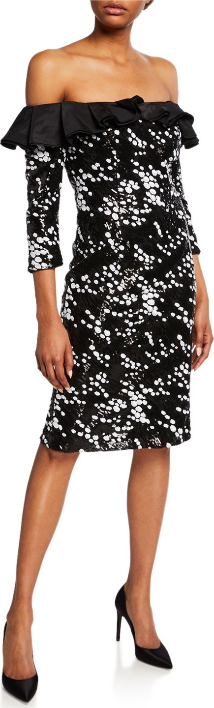 Rickie Freeman for Teri Jon Dotted Off-the-Shoulder 3/4-Sleeve Sheath Dress with Ruffle Detail