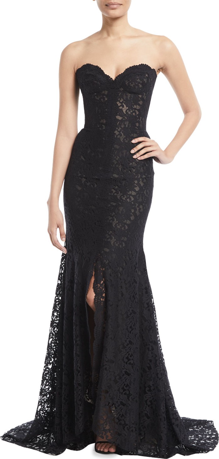 Monique Lhuillier Strapless Sweetheart-Neck Front-Slit Lace Evening Gown w/ Train