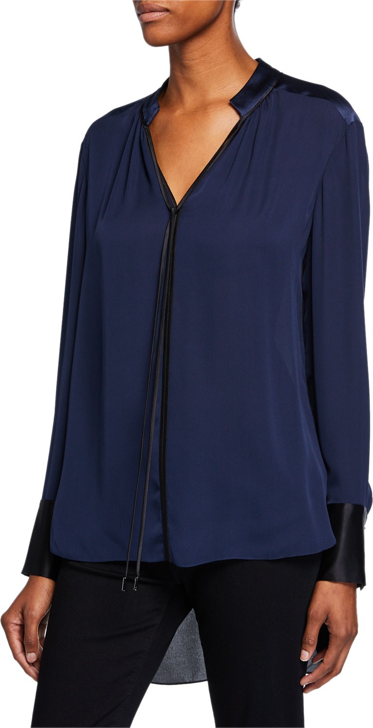 Elie Tahari Shree V-Neck Long-Sleeve High-Low Silk Blouse