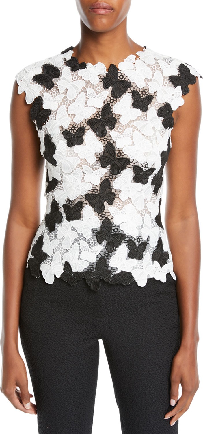 Monique Lhuillier Butterfly Lace-Guipure Shell Top