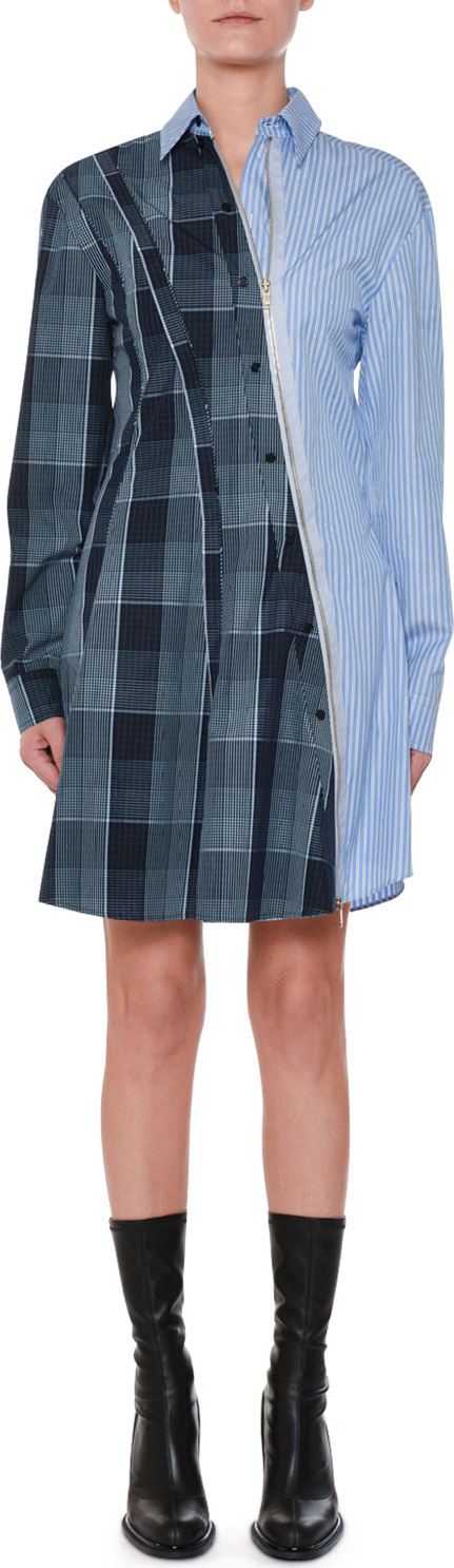 Stella McCartney Asymmetric-Zip Plaid & Striped Mixed-Print Oxford Flippy Dress