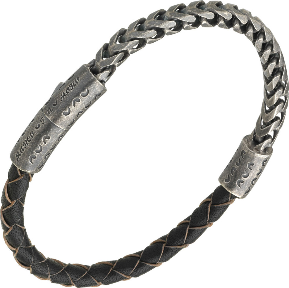 Marco Dal Maso Men's Sterling Silver & Leather Bracelet with Push-Lock, Gray