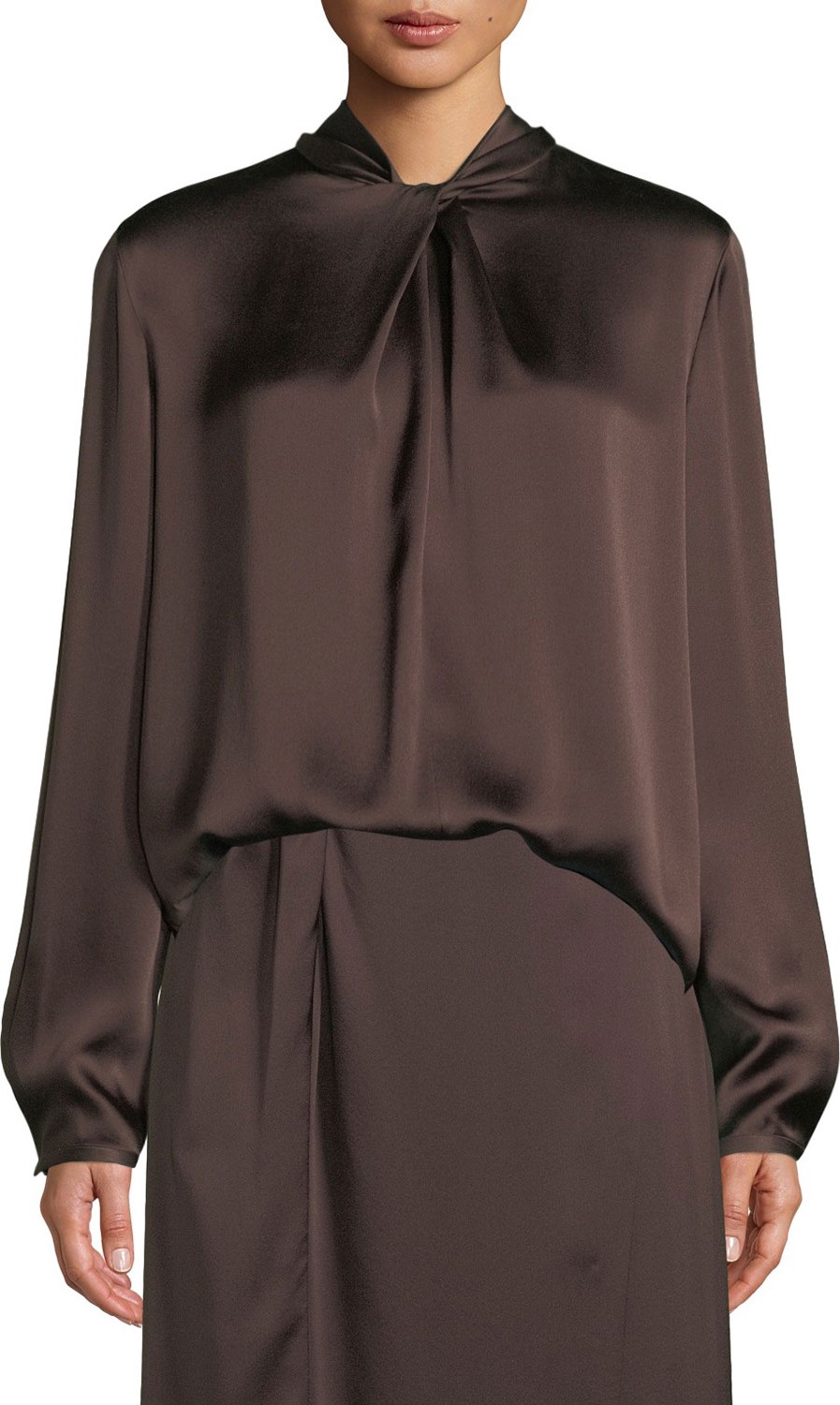 Vince Knotted High-Neck Log-Sleeve Silk Blouse