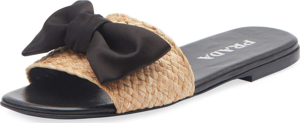 Prada Raffia Bow Flat Slide Sandals