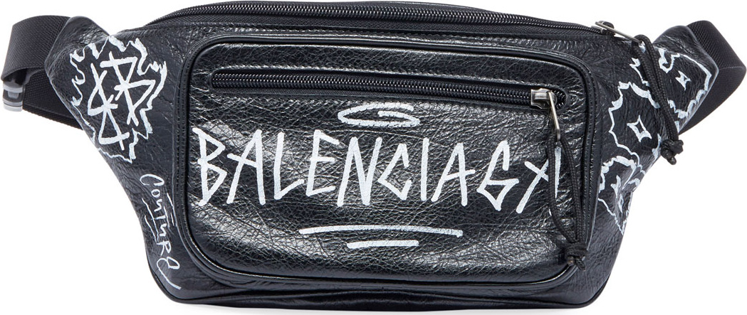 Balenciaga Men's Graffiti-Print Leather Belt Bag