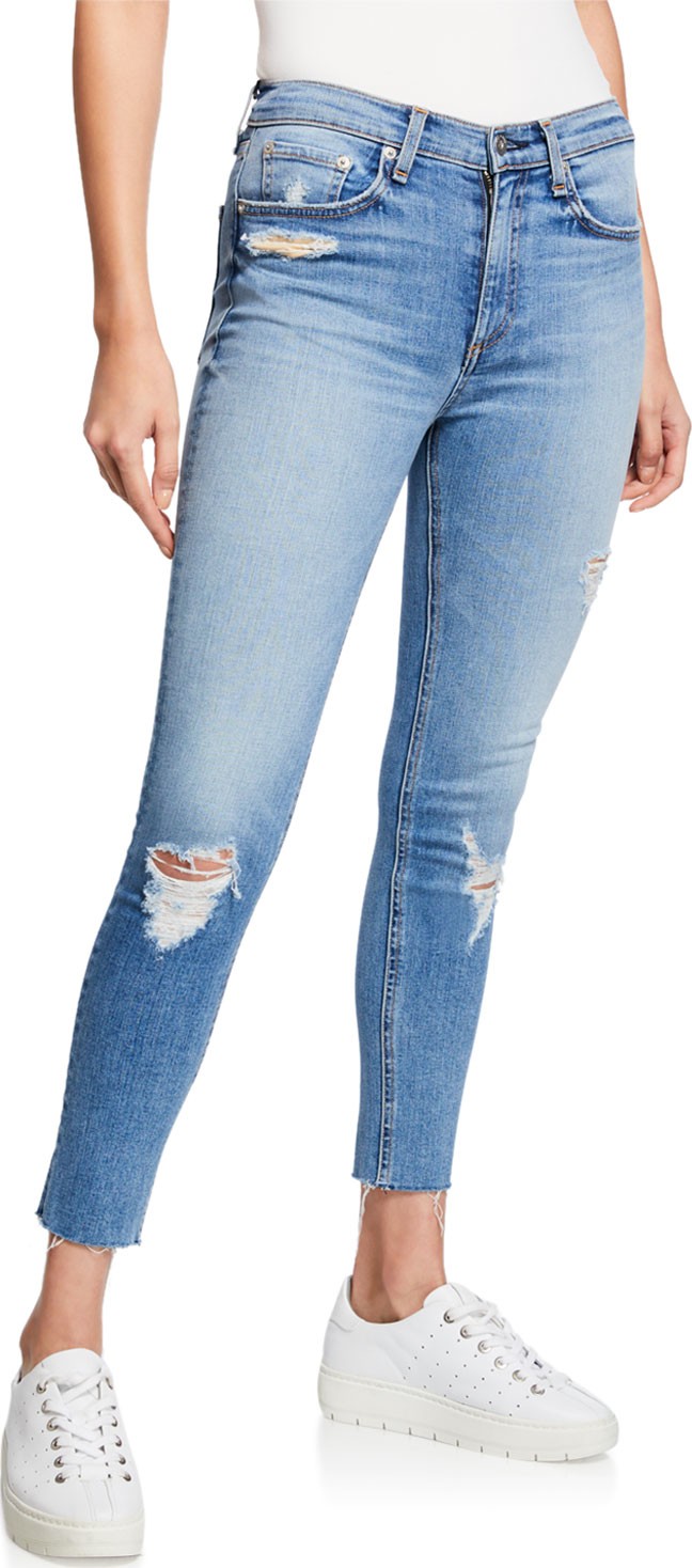 Rag & Bone High-Rise Distressed Ankle Skinny Jeans w/ Raw Hem