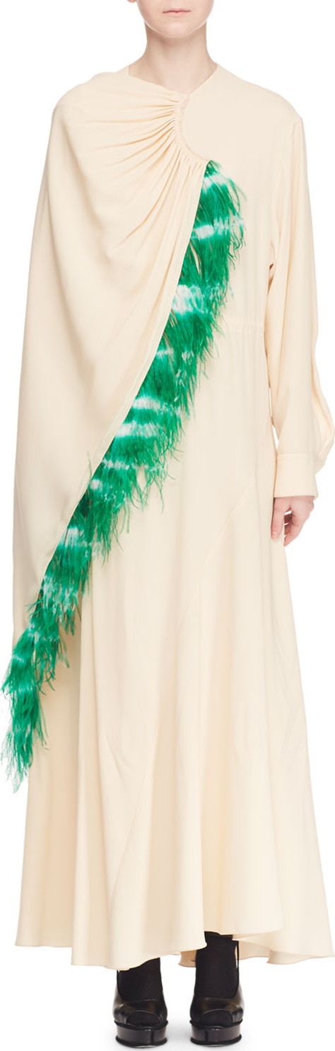 Dries Van Noten Long-Sleeve Drawstring  Feather Long Dress Dries Van Noten Long-Sleeve Drawstring  Feather Long Dress