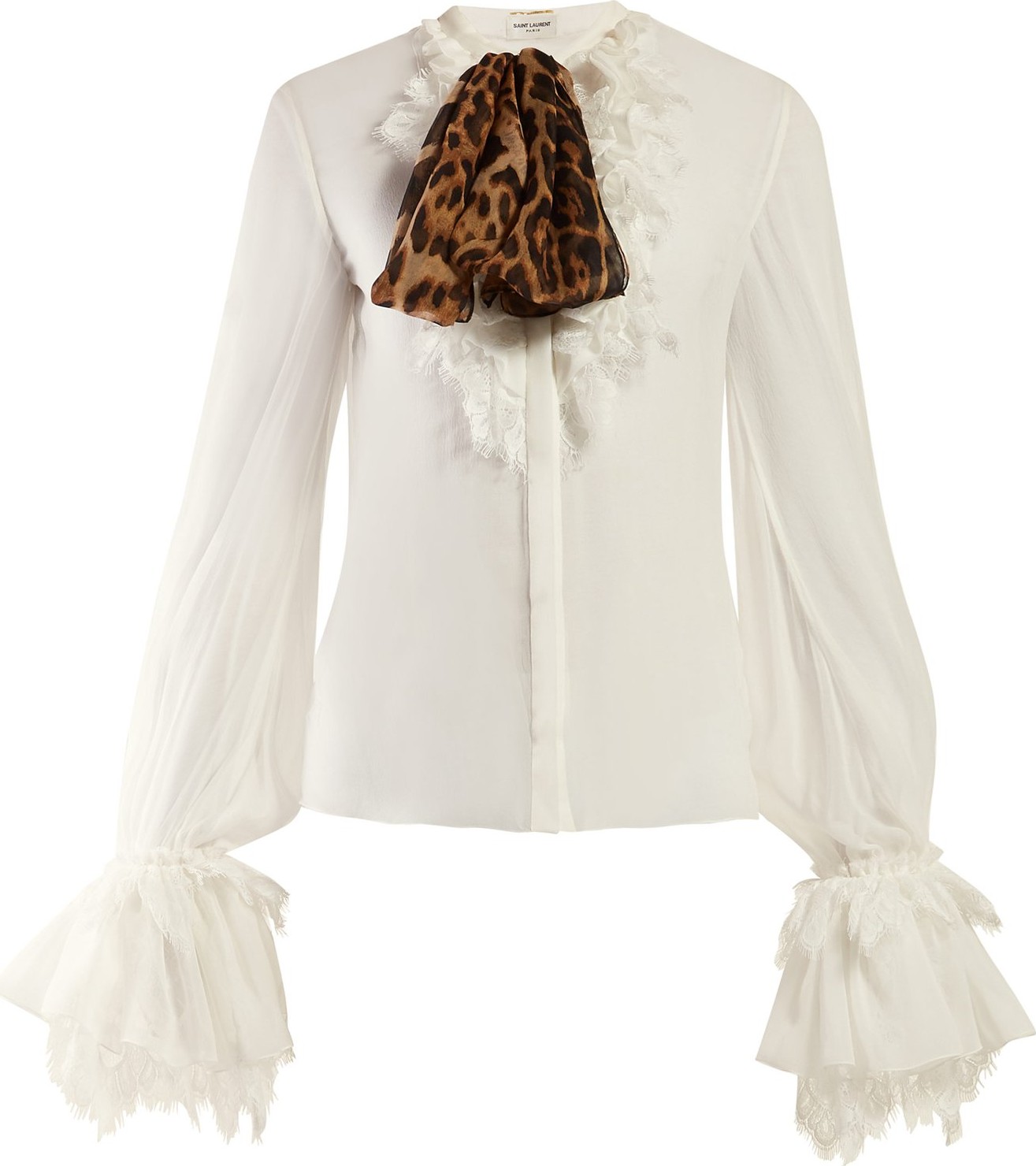 Saint Laurent Leopard-trim ruffled chiffon blouse