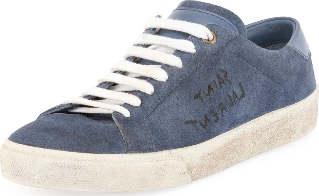 Saint Laurent Court Classic Logo-Writing Suede Low-Top Sneakers