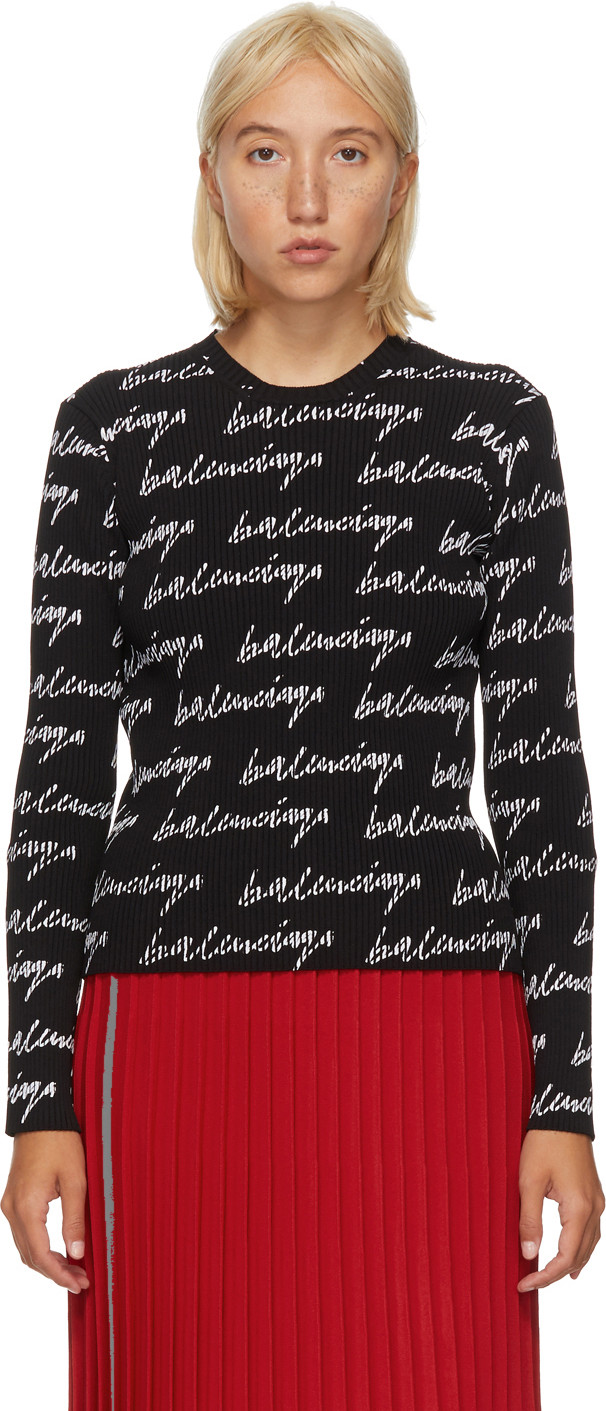 Balenciaga - Black & White Rib All Over Signature Logo Sweater
