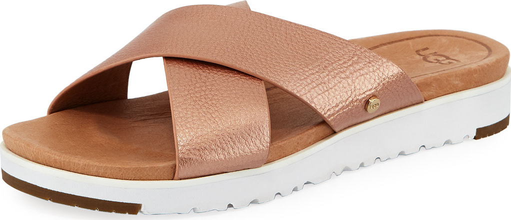 UGG Kari Metallic Leather/Suede Cross-Band Slide Sandal