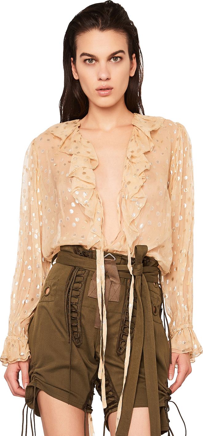 Saint Laurent Polka Dot Georgette Ruffle Front Blouse